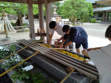 【農業環境科】射水神社でのひまわりの花手水